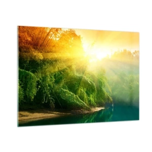 Impression sur verre - Image sur verre - Rayons de soleil sur la végétation verte au bord de la rivière - 100x70cm - Se noyer au soleil et à l'ombre - Décoration murale moderne pour le salon et la chambre ARTTOR