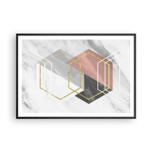 Affiche dans un cadre noir - Poster - Figures géométriques avec des accents d'or et de marbre - 100x70cm - Composition en chaîne - Décoration murale moderne pour le salon et la chambre ARTTOR
