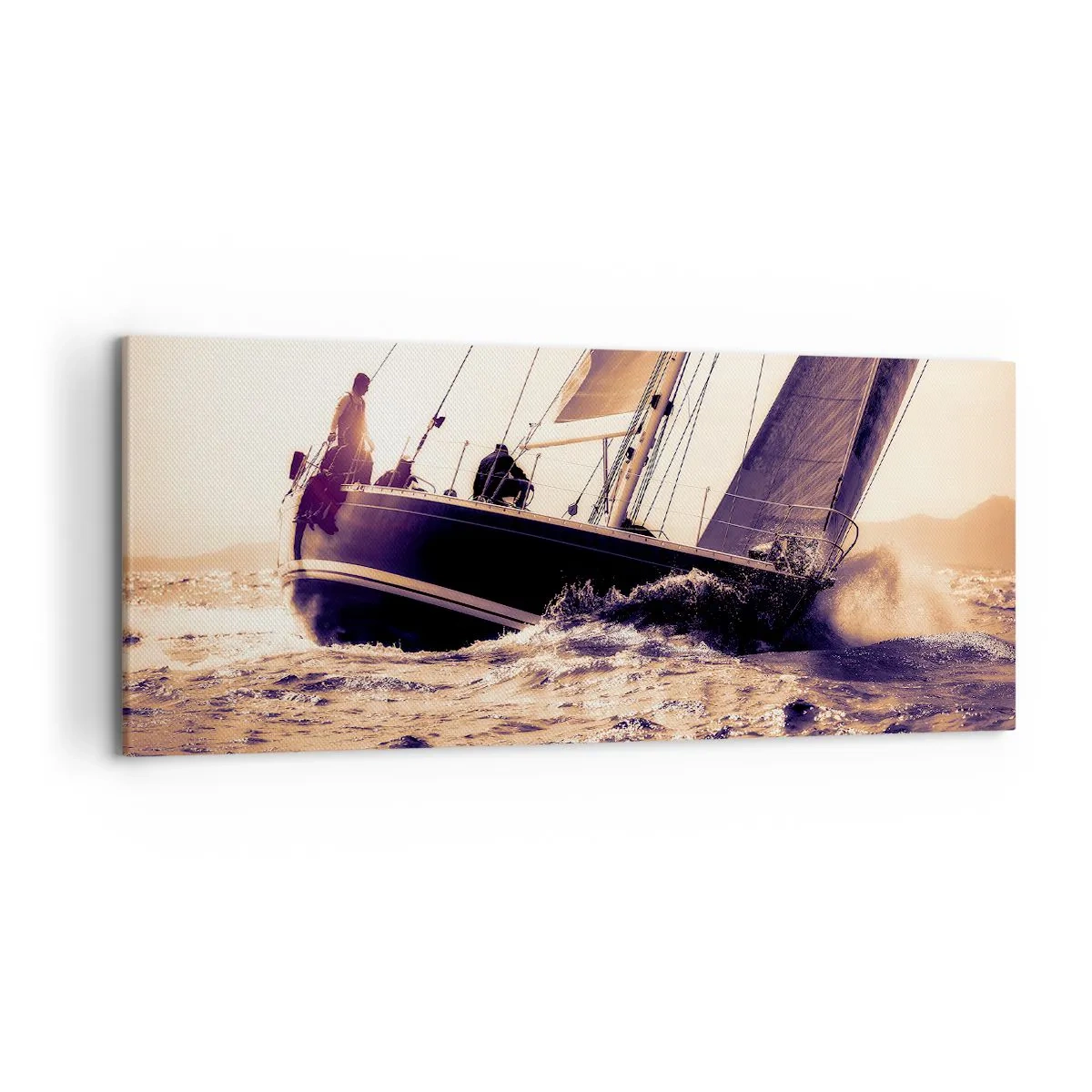 Impression sur toile - Image sur toile - Un yacht sur une mer agitée à la lumière du soleil couchant - 120x50cm - Navigue, marin - Décoration murale moderne pour le salon et la chambre ARTTOR