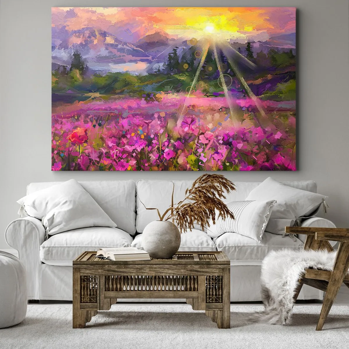 Impression sur toile - Image sur toile - Une prairie pittoresque sous les rayons du soleil couchant - 70x50cm - Dans la vallée à l'abri du soleil - Décoration murale moderne pour le salon et la chambre ARTTOR
