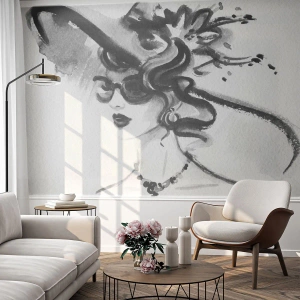 Papier Peint Photo Premium Canvas - Une dame de caractère - Femme au chapeau, Visage de femme, Noir et blanc - 450x315 cm