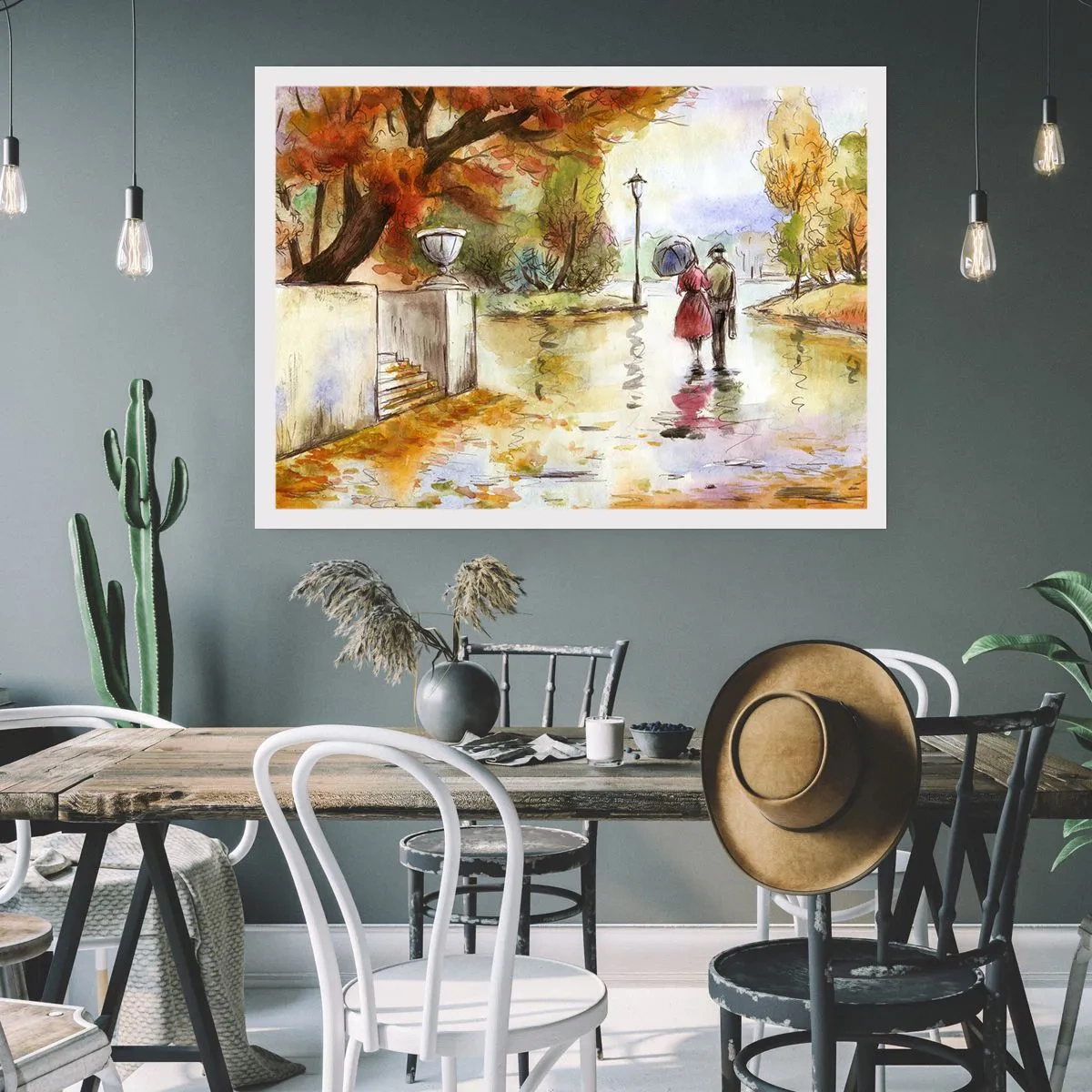 Affiche - Poster - Une promenade dans le parc d'automne avec un parapluie - 100x70cm - Automne romantique dans le parc - Décoration murale moderne pour le salon et la chambre ARTTOR