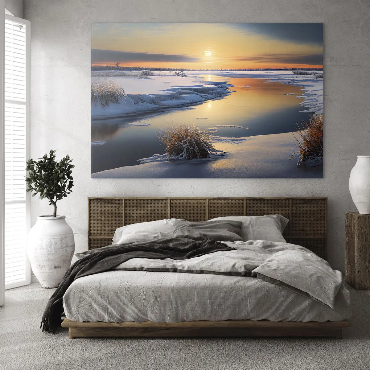 Impression sur verre - Image sur verre - Paysage d'hiver avec coucher de soleil sur une rivière gelée - 70x50cm - Coucher de soleil d'hiver - Décoration murale moderne pour le salon et la chambre ARTTOR