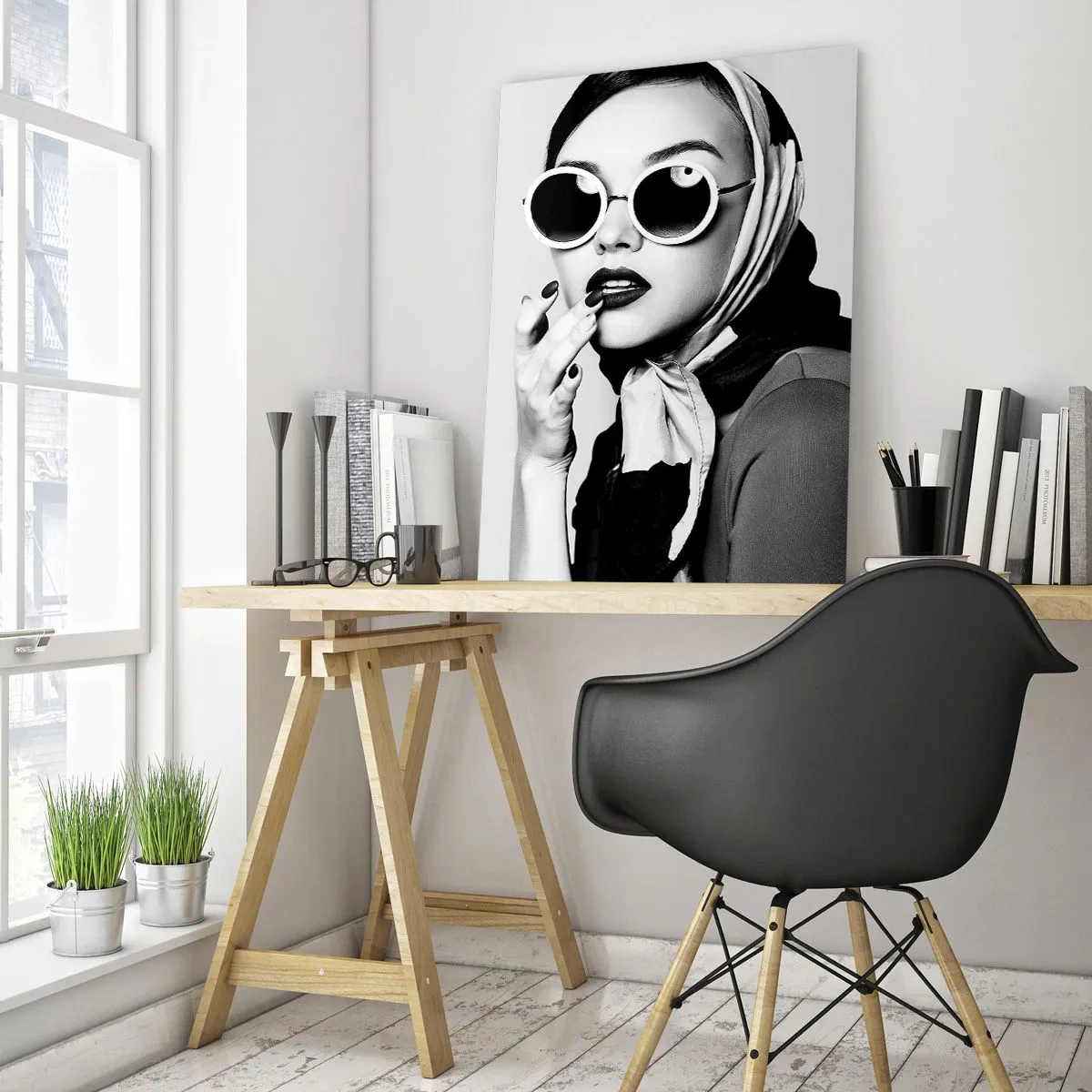 Impression sur verre - Image sur verre - Femme élégante avec des lunettes et un foulard noir et blanc - 50x70cm - Salutations des années 60 - Décoration murale moderne pour le salon et la chambre ARTTOR