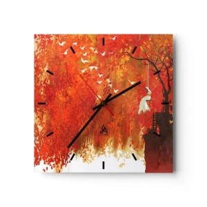 Horloge murale - Pendule murale - Une silhouette sur une balançoire près d'un arbre entouré de feuilles rouges - 30x30cm - S'envolera-t-il avec eux ? - Décoration murale moderne pour le salon et la chambre ARTTOR