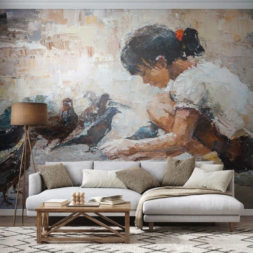 Papier Peint Photo Premium Canvas - Les plus petits et les plus gentils - Fille, Pigeonneau, Pour les enfants - 200x140 cm