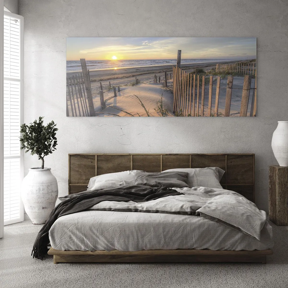 Impression sur verre - Image sur verre - Plage au coucher du soleil avec clôture en bois - 120x50cm - Ombre et brillance du vent - Décoration murale moderne pour le salon et la chambre ARTTOR