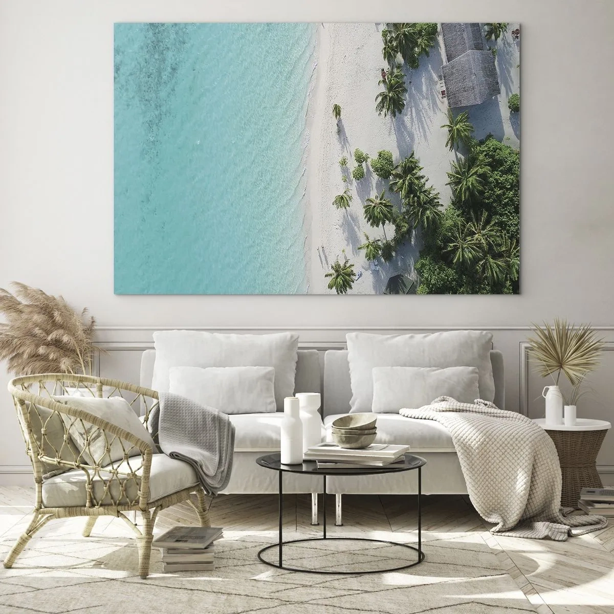 Impression sur verre - Image sur verre - Vue plongeante sur une plage tropicale avec des palmiers et une mer turquoise - 70x50cm - Vacances au paradis - Décoration murale moderne pour le salon et la chambre ARTTOR