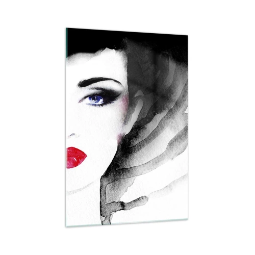 Impression sur verre - Image sur verre - Portrait d'une femme aux lèvres rouges et aux yeux bleus intenses - 70x100cm - Elle repousse et attire - Décoration murale moderne pour le salon et la chambre ARTTOR