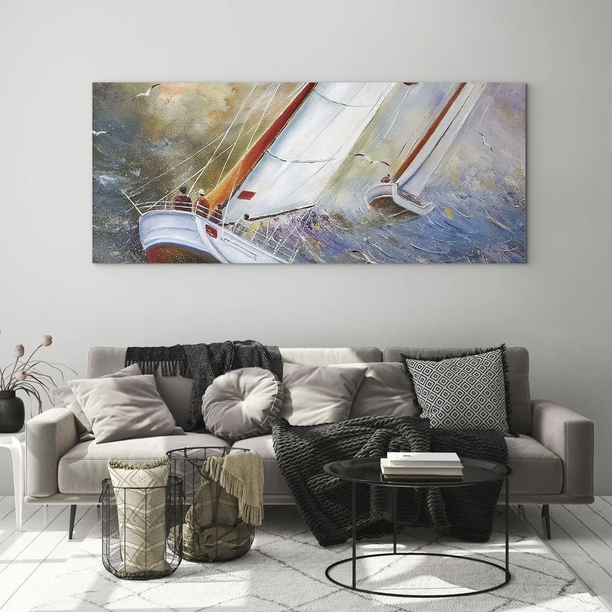Impression sur verre - Image sur verre - Voiliers sur des vagues agitées dans une composition dynamique - 120x50cm - Concourir sur les vagues - Décoration murale moderne pour le salon et la chambre ARTTOR