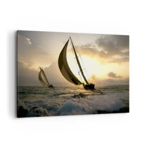 Impression sur toile - Image sur toile - Voiliers en mer au coucher du soleil - 120x80cm - Avec le vent et contre le vent - Décoration murale moderne pour le salon et la chambre ARTTOR
