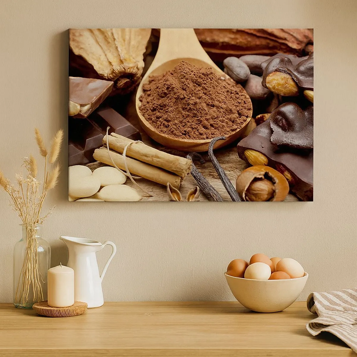 Impression sur toile - Image sur toile - Une cuillerée d'ingrédients à base de cacao et de chocolat dans un arrangement rustique - 70x50cm - La meilleure pour les chagrins - Décoration murale moderne pour le salon et la chambre ARTTOR