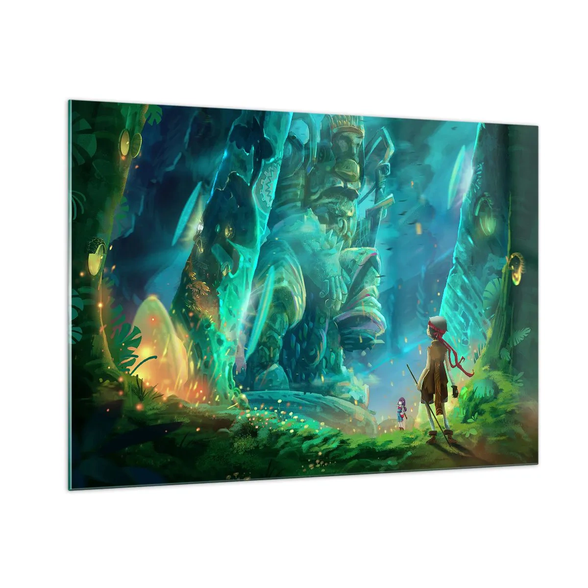 Impression sur verre - Image sur verre - Paysage fantastique avec une figure et une statue antique dans la forêt - 100x70cm - Du grand livre des contes de fées - Décoration murale moderne pour le salon et la chambre ARTTOR