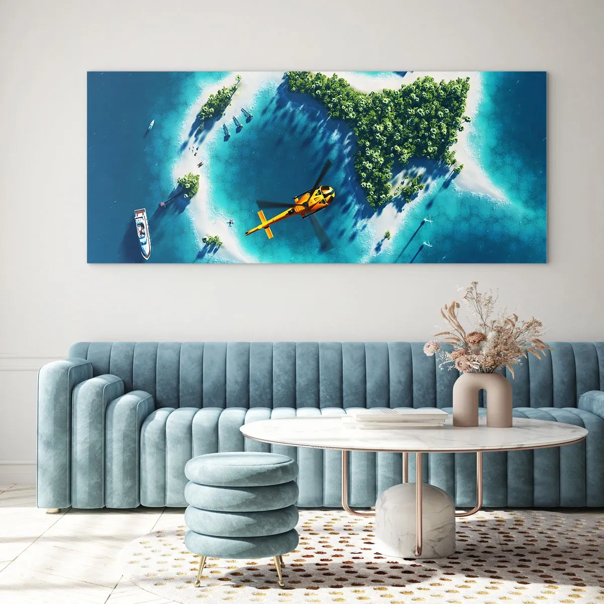 Impression sur verre - Image sur verre - Une île tropicale entourée d'eau turquoise avec un hélicoptère en vue - 140x50cm - Achetez-vous une île - Décoration murale moderne pour le salon et la chambre ARTTOR
