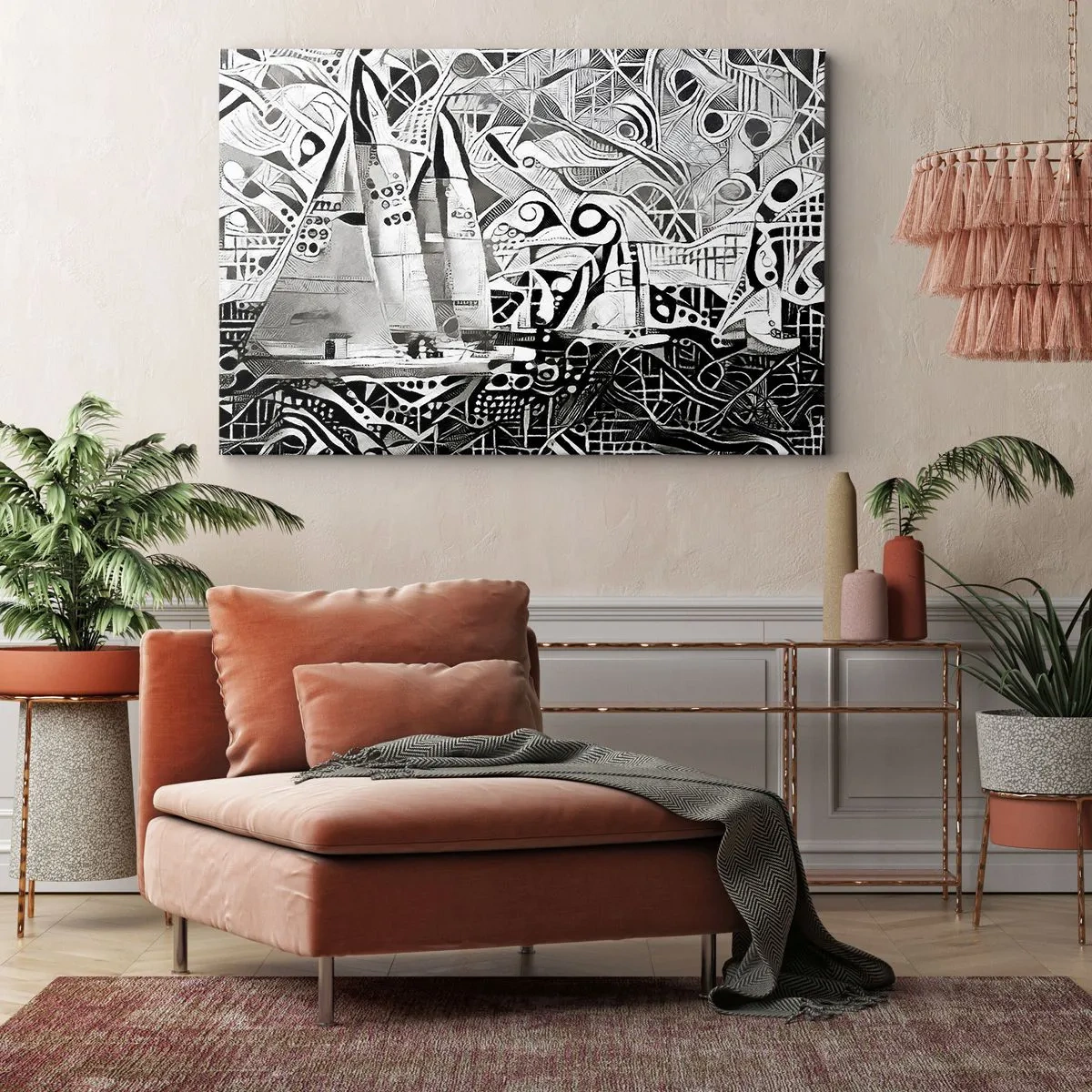 Impression sur toile - Image sur toile - Voiliers abstraits dans une composition monochrome - 70x50cm - Entre les vagues - Décoration murale moderne pour le salon et la chambre ARTTOR
