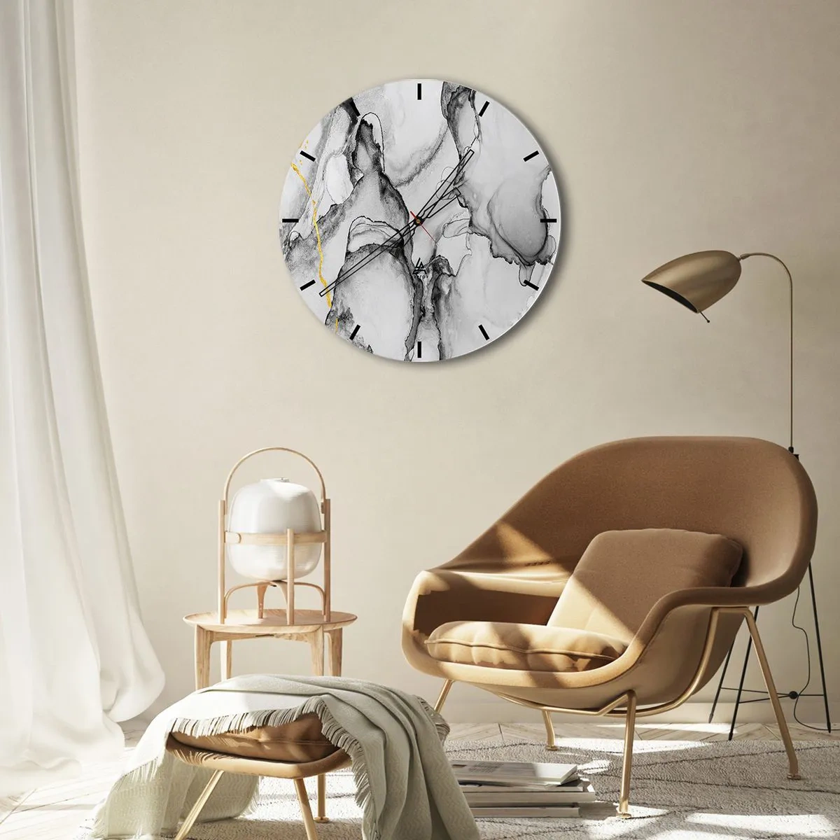Horloge murale - Pendule murale - Une composition abstraite dans des tons de gris avec une touche d'or. - 30x30cm - Composition à motif or - Décoration murale moderne pour le salon, la cuisine et la chambre ARTTOR