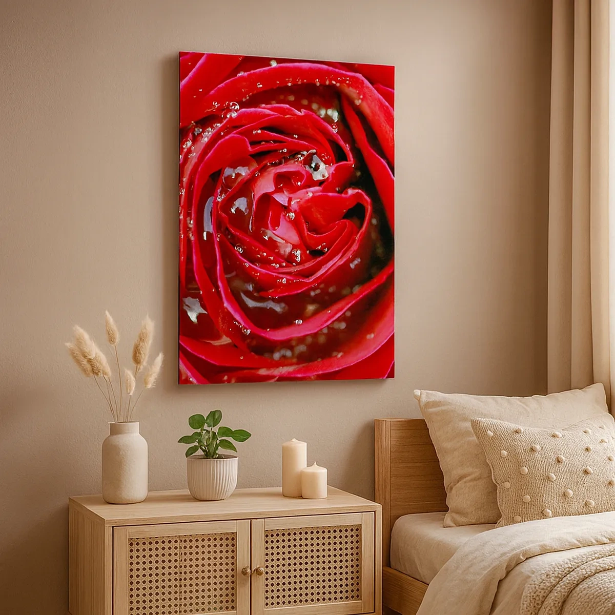 Impression sur toile - Image sur toile - Gros plan d'une rose rouge avec des gouttes d'eau sur les pétales - 50x70cm - Dans les gouttes de rosée - Décoration murale moderne pour le salon et la chambre ARTTOR