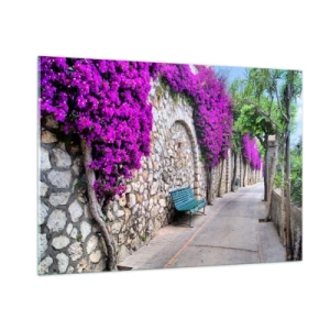 Impression sur verre - Image sur verre - Un mur de pierre avec des fleurs violettes et un banc le long du chemin - 100x70cm - Rencontrons-nous au plus vite - Décoration murale moderne pour le salon et la chambre ARTTOR
