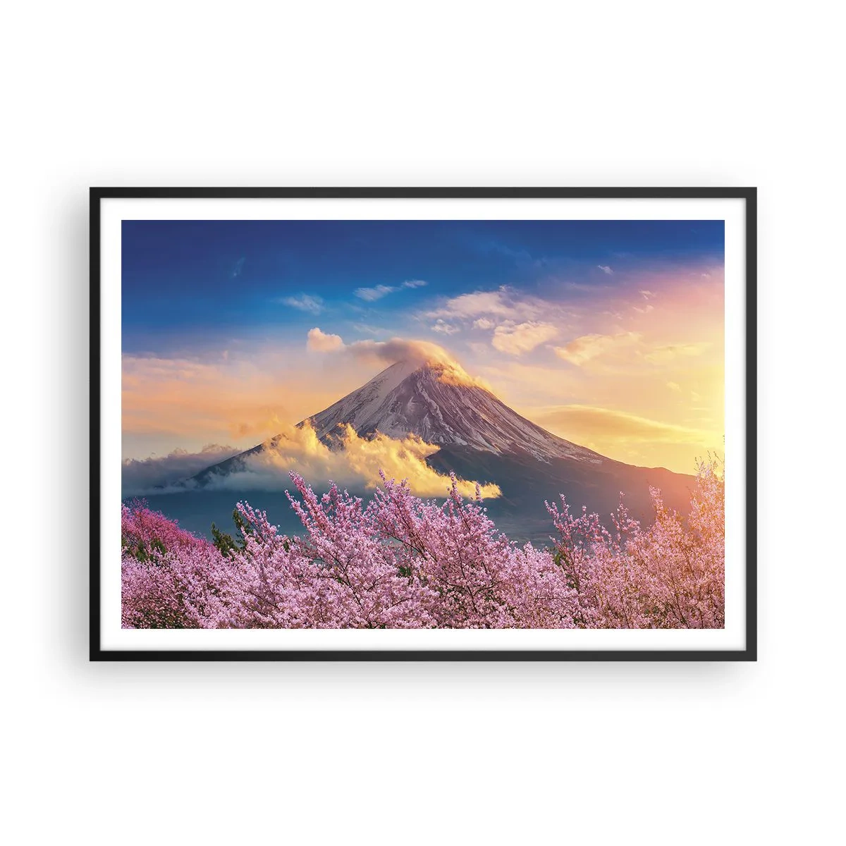 Affiche dans un cadre noir - Poster - Mont Fuji avec des cerisiers en fleurs en arrière-plan au coucher du soleil - 100x70cm - Sainteté japonaise - Décoration murale moderne pour le salon et la chambre ARTTOR