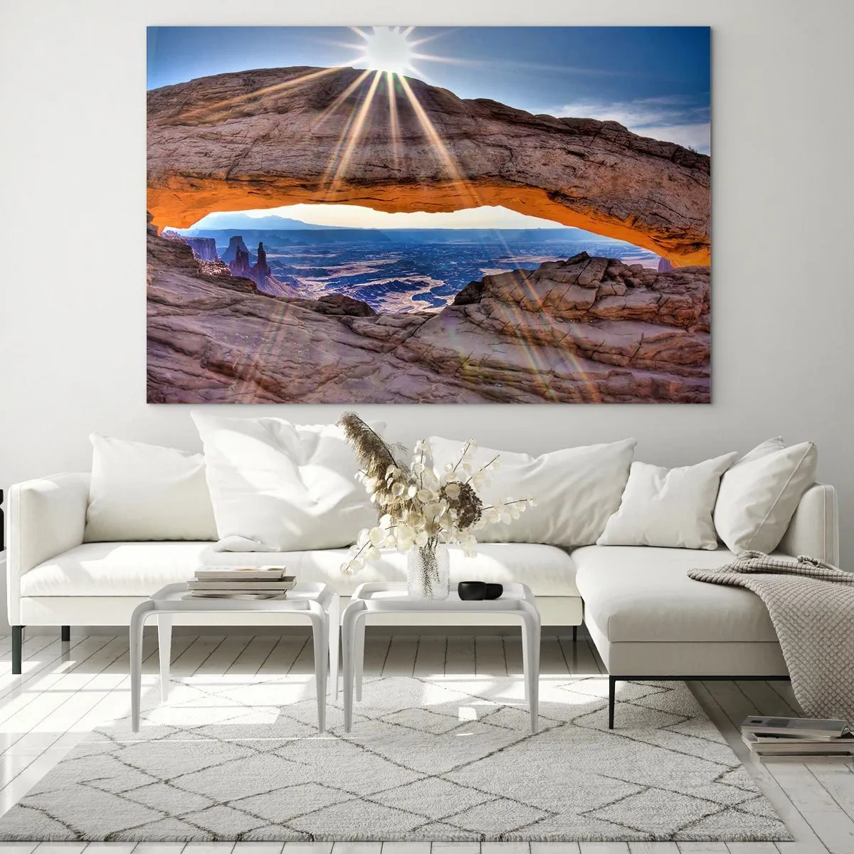 Impression sur verre - Image sur verre - Arche rocheuse avec rayons de soleil sur fond de paysage - 120x80cm - Par la porte rocheuse - Décoration murale moderne pour le salon et la chambre ARTTOR