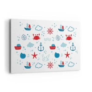 Impression sur toile - Image sur toile - Motif nautique avec ancres, navires et crabes - 120x80cm - Conte de fées de la mer - Décoration murale moderne pour le salon et la chambre ARTTOR