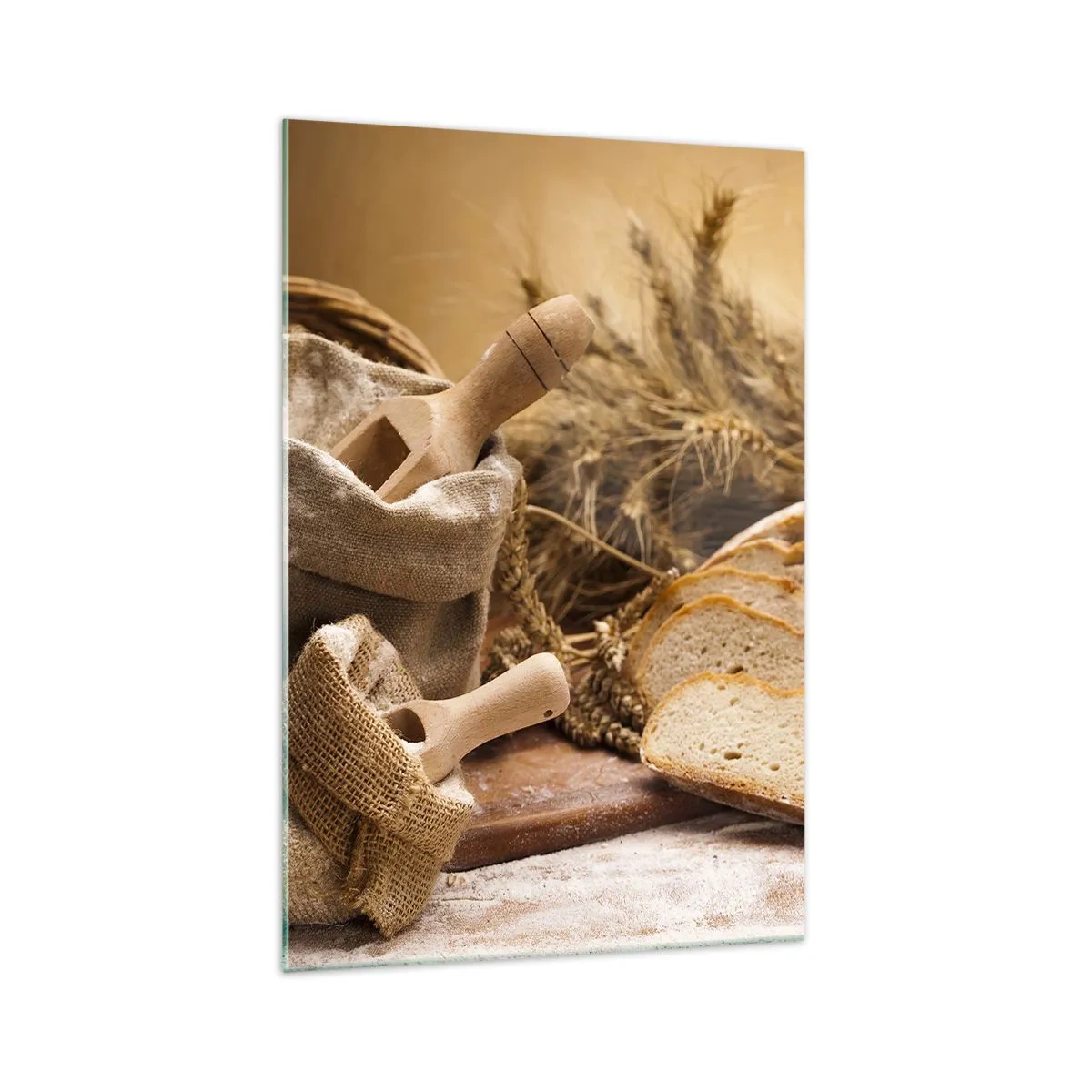 Impression sur verre - Image sur verre - Un paysage avec du pain, de la farine et des épis de blé dans un style rustique. - 70x100cm - Comment il coupe avec un couteau - Décoration murale moderne pour le salon et la chambre ARTTOR