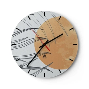 Horloge murale - Pendule murale - Graphique avec un cercle orange et des lignes d'herbe en arrière-plan - 30x30cm - Toujours vers le soleil - Décoration murale moderne pour le salon, la cuisine et la chambre ARTTOR