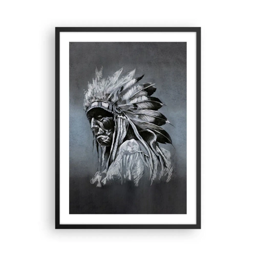Affiche dans un cadre noir - Poster - Portrait d'un chef indien portant une coiffe de plumes sur fond gris - 50x70cm - Retour aux sources - Décoration murale moderne pour le salon et la chambre ARTTOR