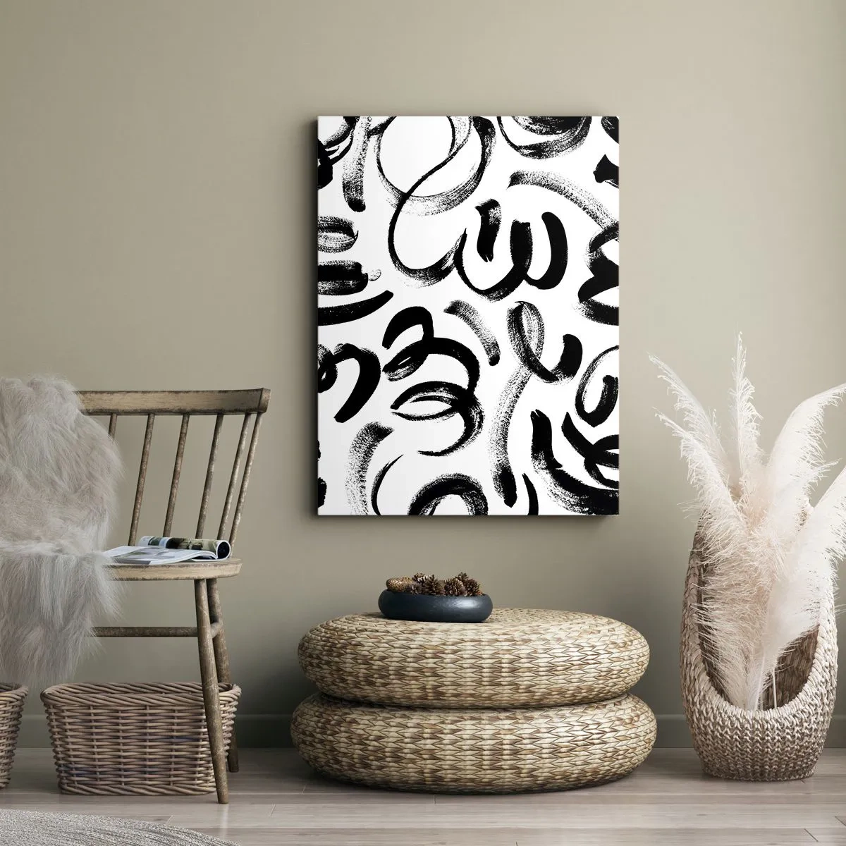 Impression sur toile - Image sur toile - Coups de pinceau abstraits noirs sur fond blanc - 50x70cm - Noir sur blanc - Décoration murale moderne pour le salon et la chambre ARTTOR