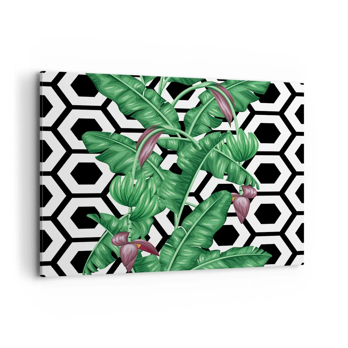 Impression sur toile - Image sur toile - Feuilles tropicales sur fond géométrique - 120x80cm - Une composition symétrique par nature - Décoration murale moderne pour le salon et la chambre ARTTOR