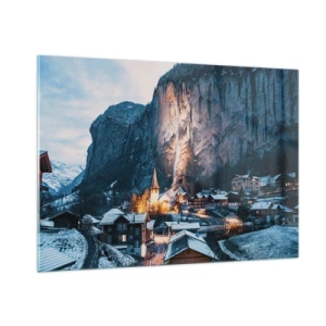 Impression sur verre - Image sur verre - Un village d'hiver au pied d'une paroi rocheuse illuminée - 100x70cm - Esprit brillant de l'hiver - Décoration murale moderne pour le salon et la chambre ARTTOR