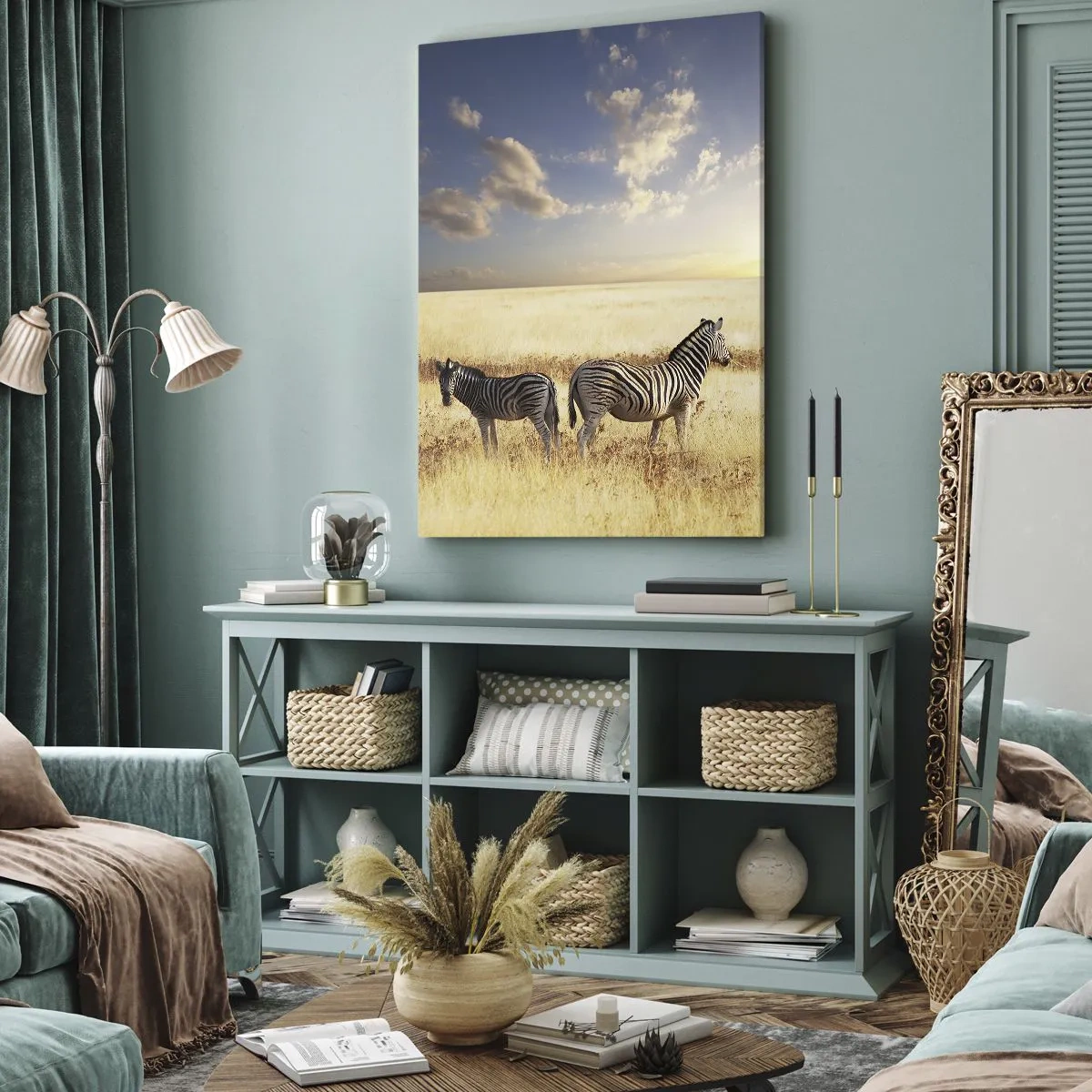 Impression sur toile - Image sur toile - Deux zèbres dans la savane sous les rayons du soleil couchant - 70x100cm - Va-t'en, n'ai pas de paix - Décoration murale moderne pour le salon et la chambre ARTTOR