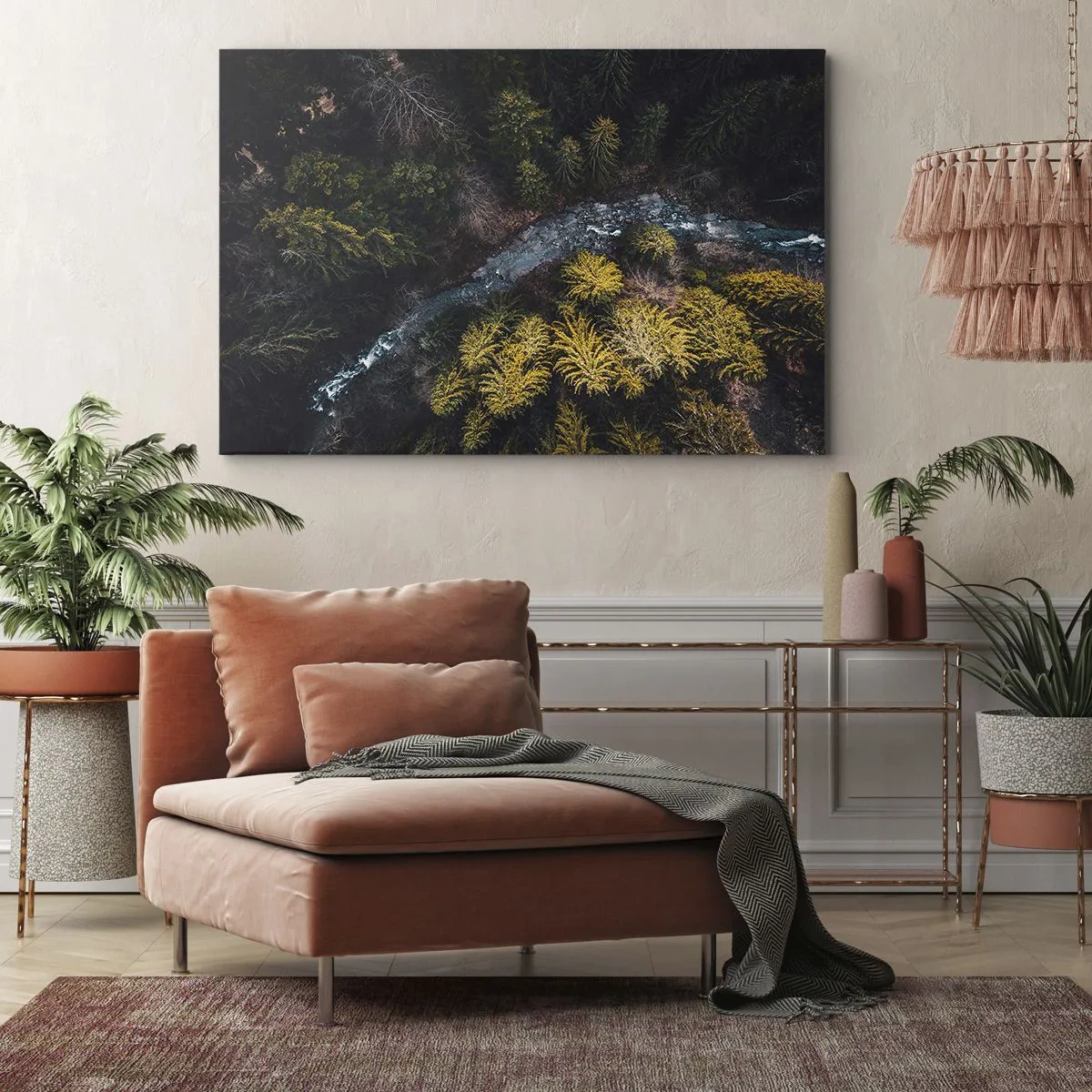 Impression sur toile - Image sur toile - Vue d'en haut d'une forêt avec une rivière sinueuse - 70x50cm - De plus en plus vite - Décoration murale moderne pour le salon et la chambre ARTTOR