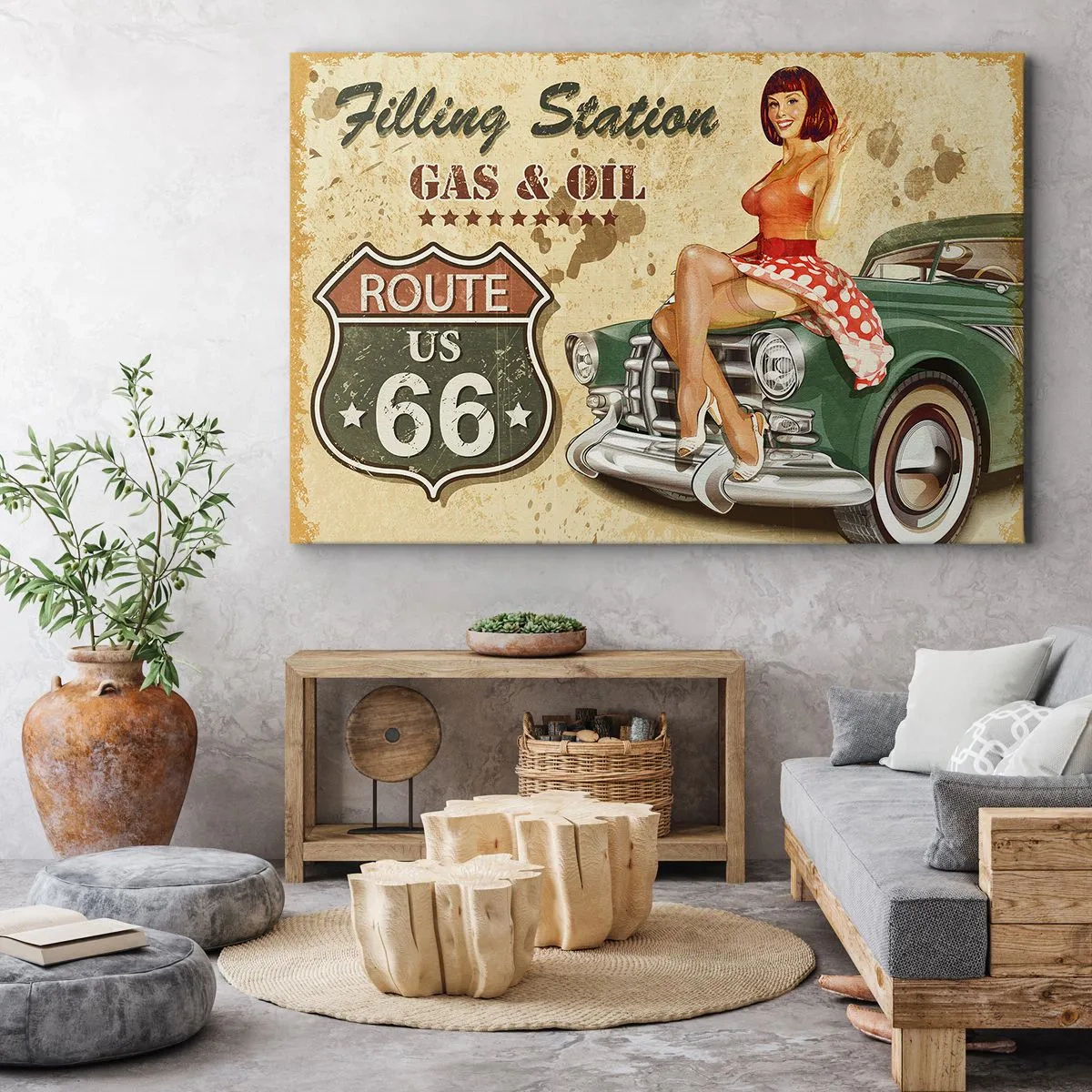 Impression sur toile - Image sur toile - Affiche rétro de la Route 66 avec une pin-up et une voiture - 120x80cm - Les superbes années 40. - Décoration murale moderne pour le salon et la chambre ARTTOR