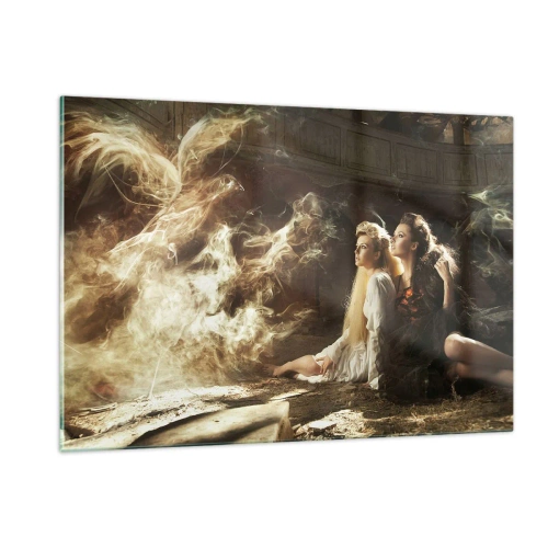 Impression sur verre - Image sur verre - Deux femmes avec un phénix de feu dans un décor magique - 120x80cm - Et il y a eu la poésie - Décoration murale moderne pour le salon et la chambre ARTTOR