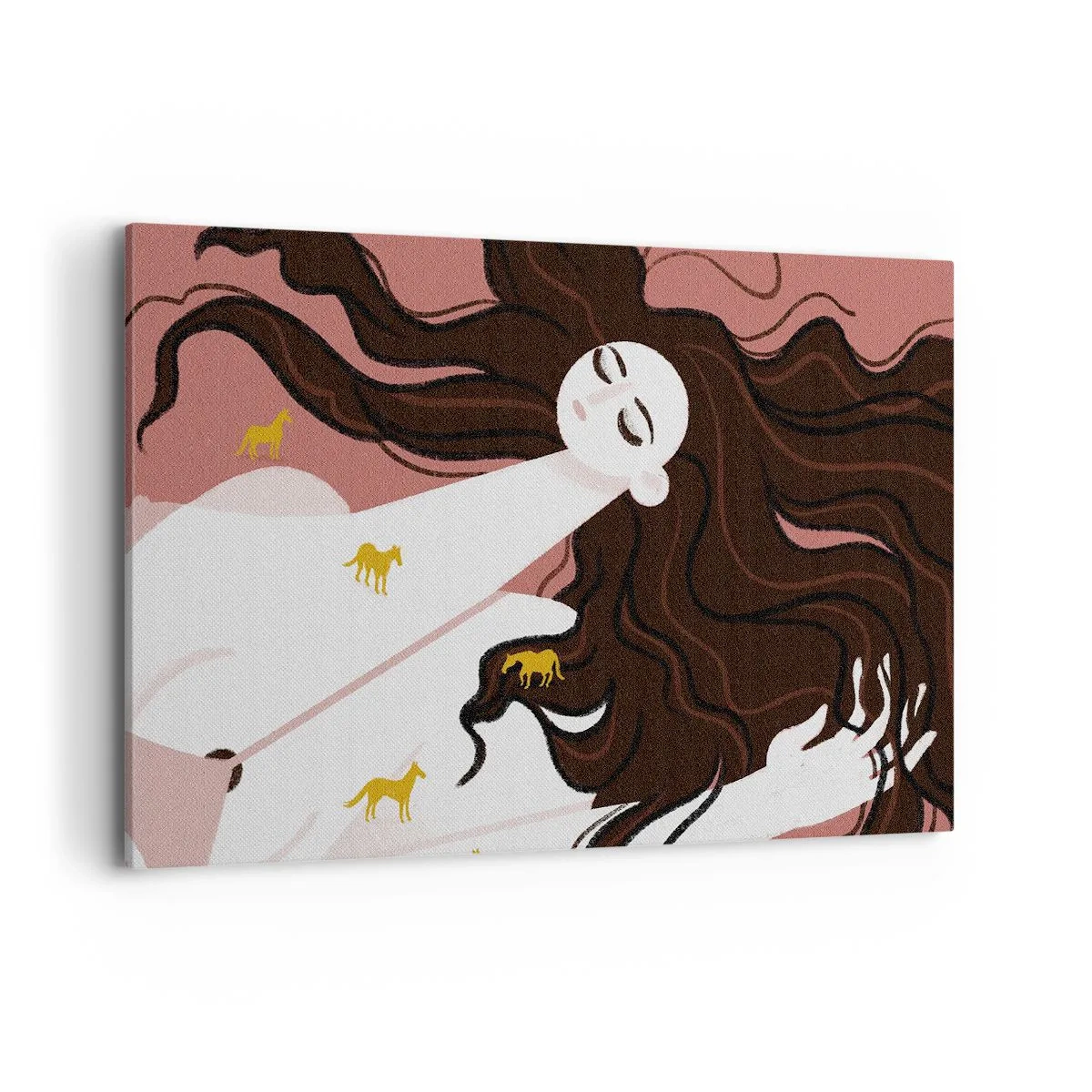 Impression sur toile - Image sur toile - Une silhouette aux yeux fermés entourée de chevaux dorés - 120x80cm - Rêve d'un cheval d'or - Décoration murale moderne pour le salon et la chambre ARTTOR