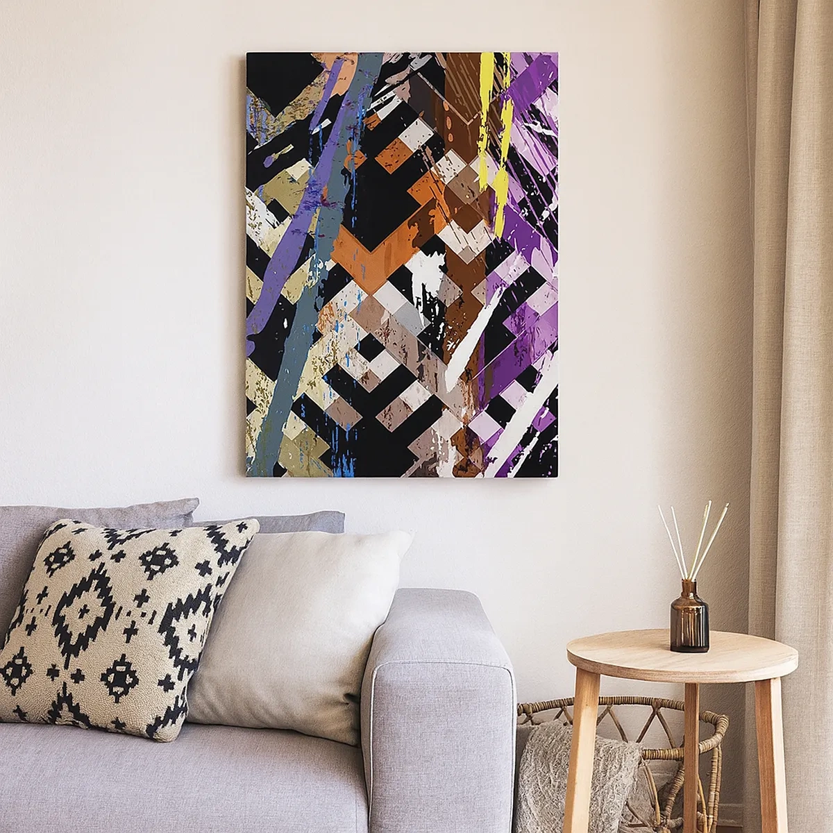 Impression sur toile - Image sur toile - Composition abstraite avec des lignes colorées sur fond noir - 50x70cm - Se mettre au carré - Décoration murale moderne pour le salon et la chambre ARTTOR