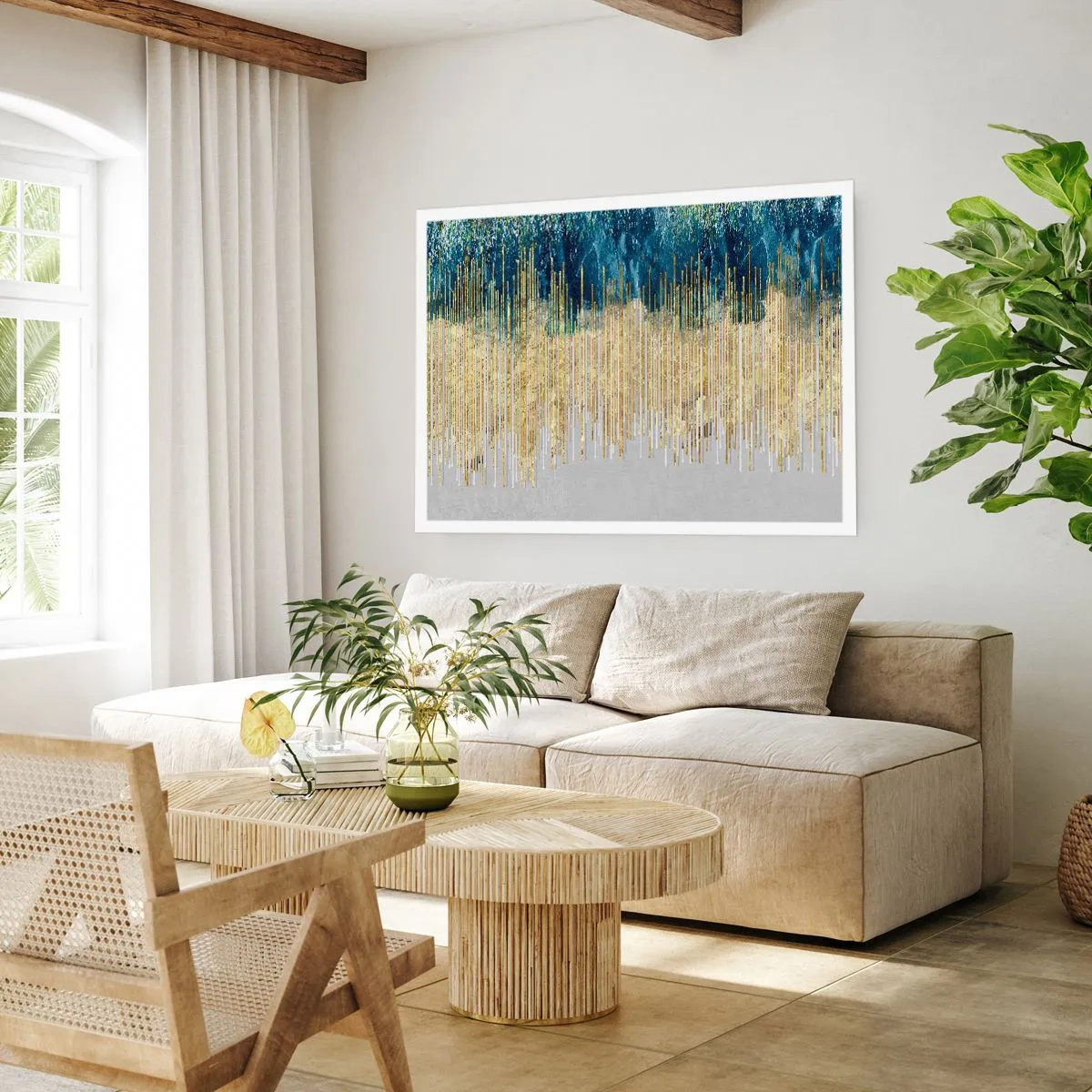 Affiche - Poster - Lignes dorées sur fond d'abstraction bleu marine et gris - 100x70cm - Bordure dorée - Décoration murale moderne pour le salon et la chambre ARTTOR