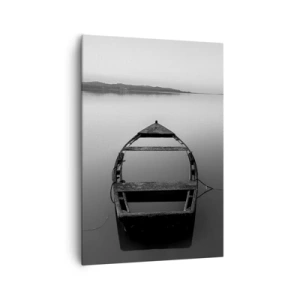 Impression sur toile - Image sur toile - Un bateau solitaire sur un lac calme dans des tons de noir et blanc - 70x100cm - Nostalgie et mélancolie - Décoration murale moderne pour le salon et la chambre ARTTOR