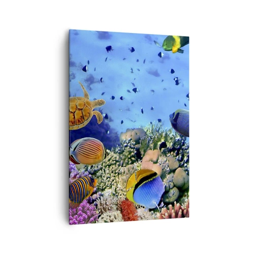 Impression sur toile - Image sur toile - Récif corallien avec des poissons colorés et une tortue de mer - 70x100cm - Et que sait-on de la vie… - Décoration murale moderne pour le salon et la chambre ARTTOR