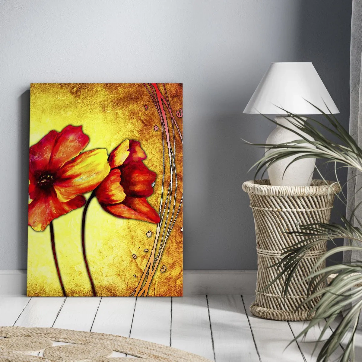 Impression sur toile - Image sur toile - Fleurs rouges et jaunes sur fond doré avec motifs décoratifs - 50x70cm - Dans la décoration Art Nouveau - Décoration murale moderne pour le salon et la chambre ARTTOR