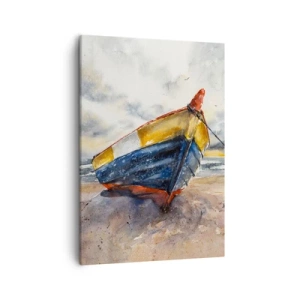 Impression sur toile - Image sur toile - Un bateau pittoresque sur la plage sous un ciel nuageux - 50x70cm - Repos sur le rivage - Décoration murale moderne pour le salon et la chambre ARTTOR