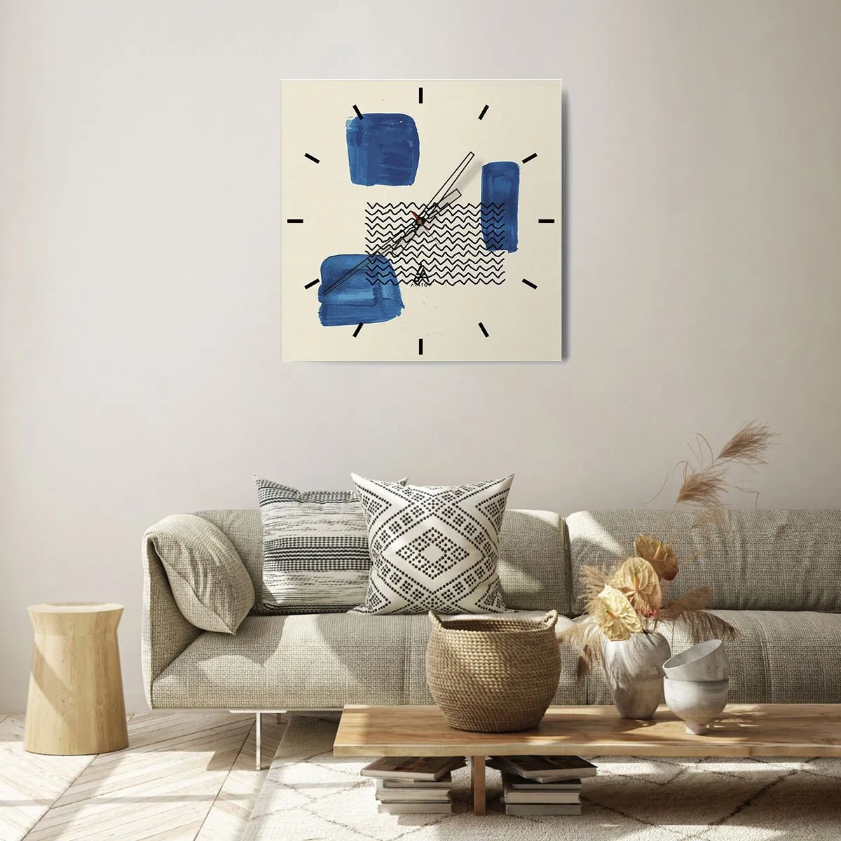Horloge murale - Pendule murale - Composition abstraite avec des taches bleues et des lignes ondulées - 30x30cm - Quatuor abstrait - Décoration murale moderne pour le salon et la chambre ARTTOR