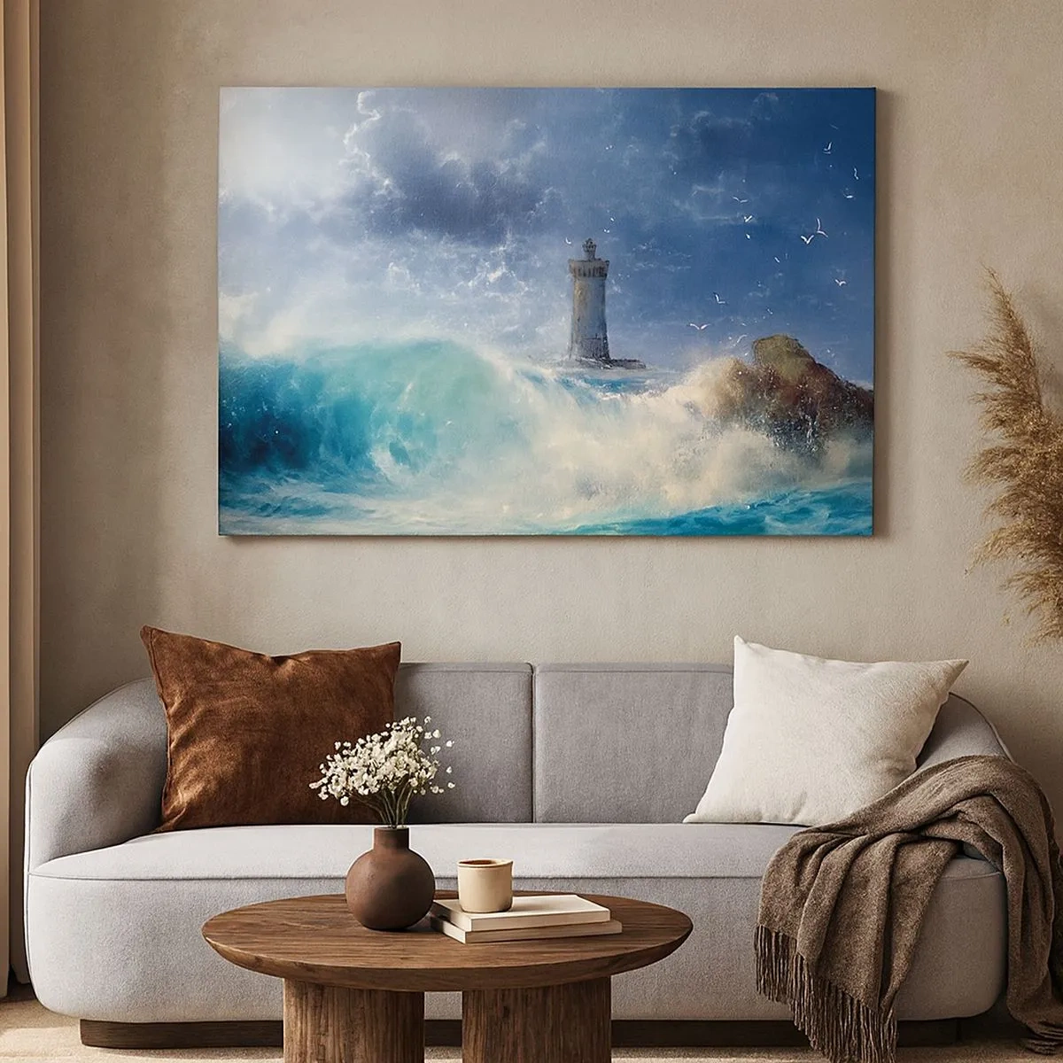Impression sur toile - Image sur toile - Un phare entouré de vagues agitées et de nuages - 70x50cm - En garde contre les éléments - Décoration murale moderne pour le salon et la chambre ARTTOR