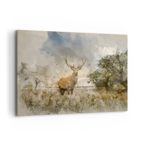 Impression sur toile - Image sur toile - Un cerf dans un cadre naturel dans un style aquarelle - 100x70cm - Dignité - force - majesté - Décoration murale moderne pour le salon et la chambre ARTTOR