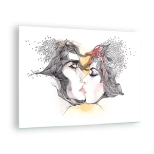 Impression sur verre - Image sur verre - Couple abstrait s'embrassant avec des motifs artistiques - 70x50cm - Le monde n'existe pas - Décoration murale moderne pour le salon et la chambre ARTTOR