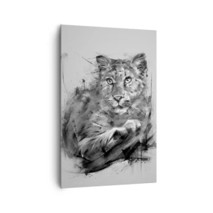 Impression sur toile - Image sur toile - Portrait noir et blanc d'un lion dans un style artistique avec des traits dynamiques. - 80x120cm - Oui, j'écoute attentivement - Décoration murale moderne pour le salon et la chambre ARTTOR