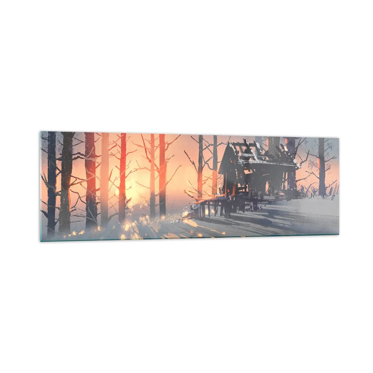 Impression sur verre - Image sur verre - Un chalet forestier dans un paysage hivernal avec les rayons du soleil couchant - 160x50cm - Seul le soleil regarde ici - Décoration murale moderne pour le salon et la chambre ARTTOR