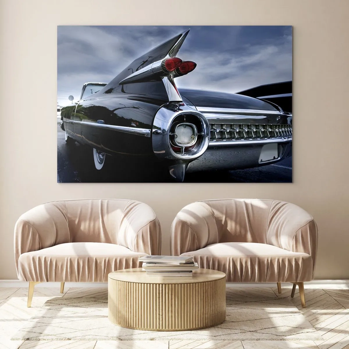 Impression sur verre - Image sur verre - Feux arrière de voiture classiques élégants en peinture noire brillante - 120x80cm - C'est exactement pourquoi c'est beau ! - Décoration murale moderne pour le salon et la chambre ARTTOR
