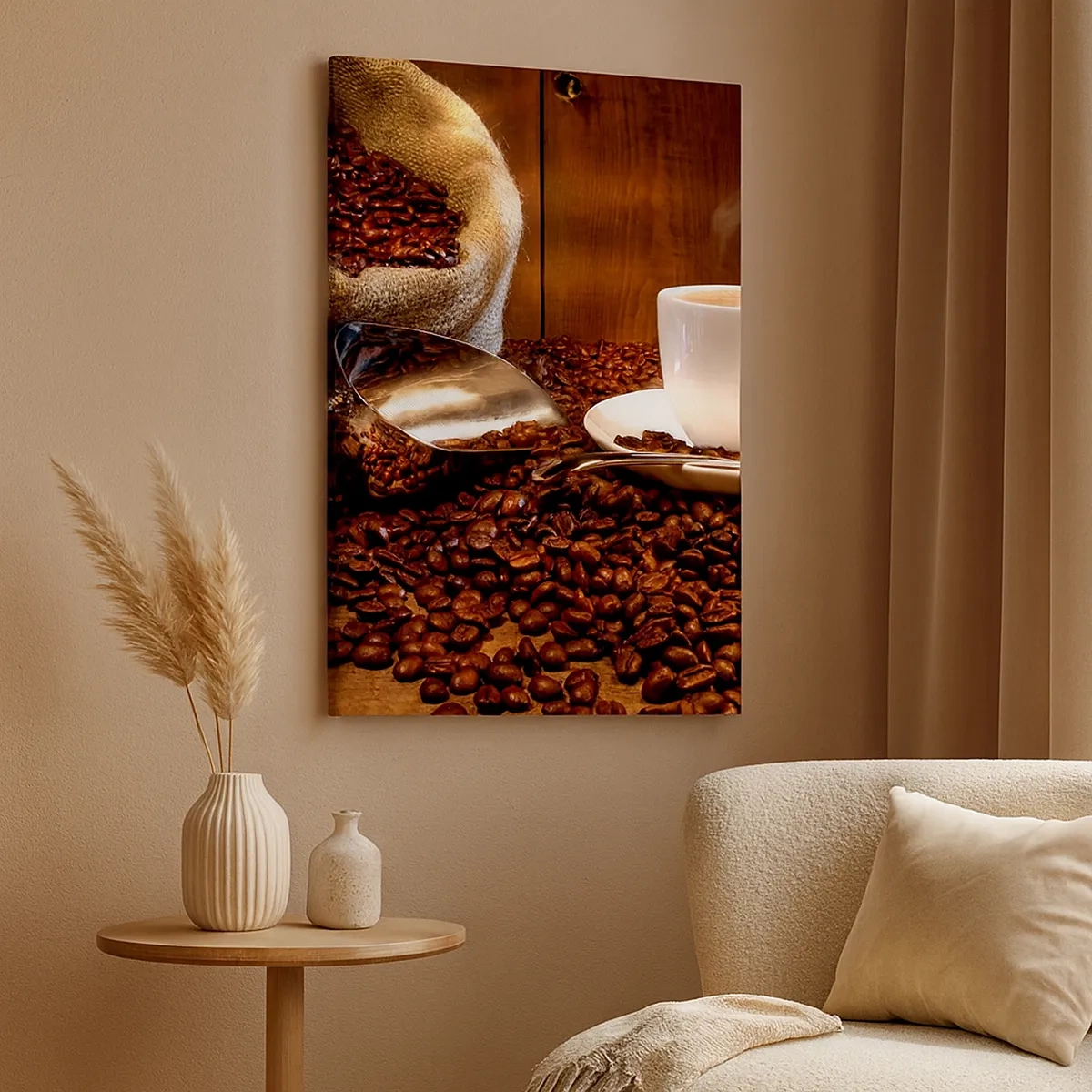 Impression sur toile - Image sur toile - Une tasse de café avec des grains de café et un sac de céréales en arrière-plan - 50x70cm - Sentez-vous cette odeur? - Décoration murale moderne pour le salon et la chambre ARTTOR